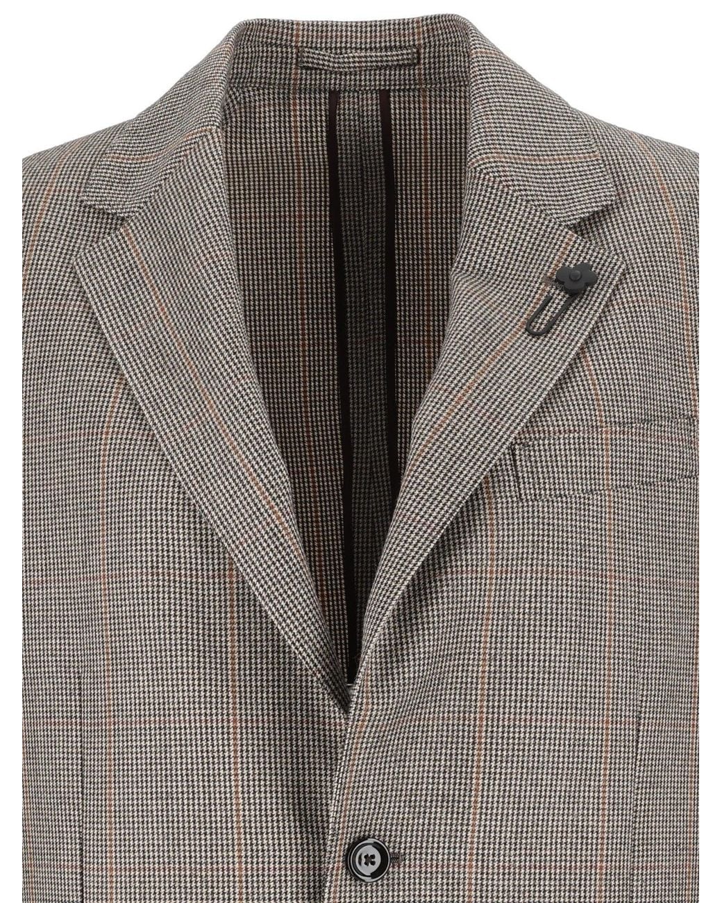 Lardini Gray Virgin Wool Checkered Tailored Blazer