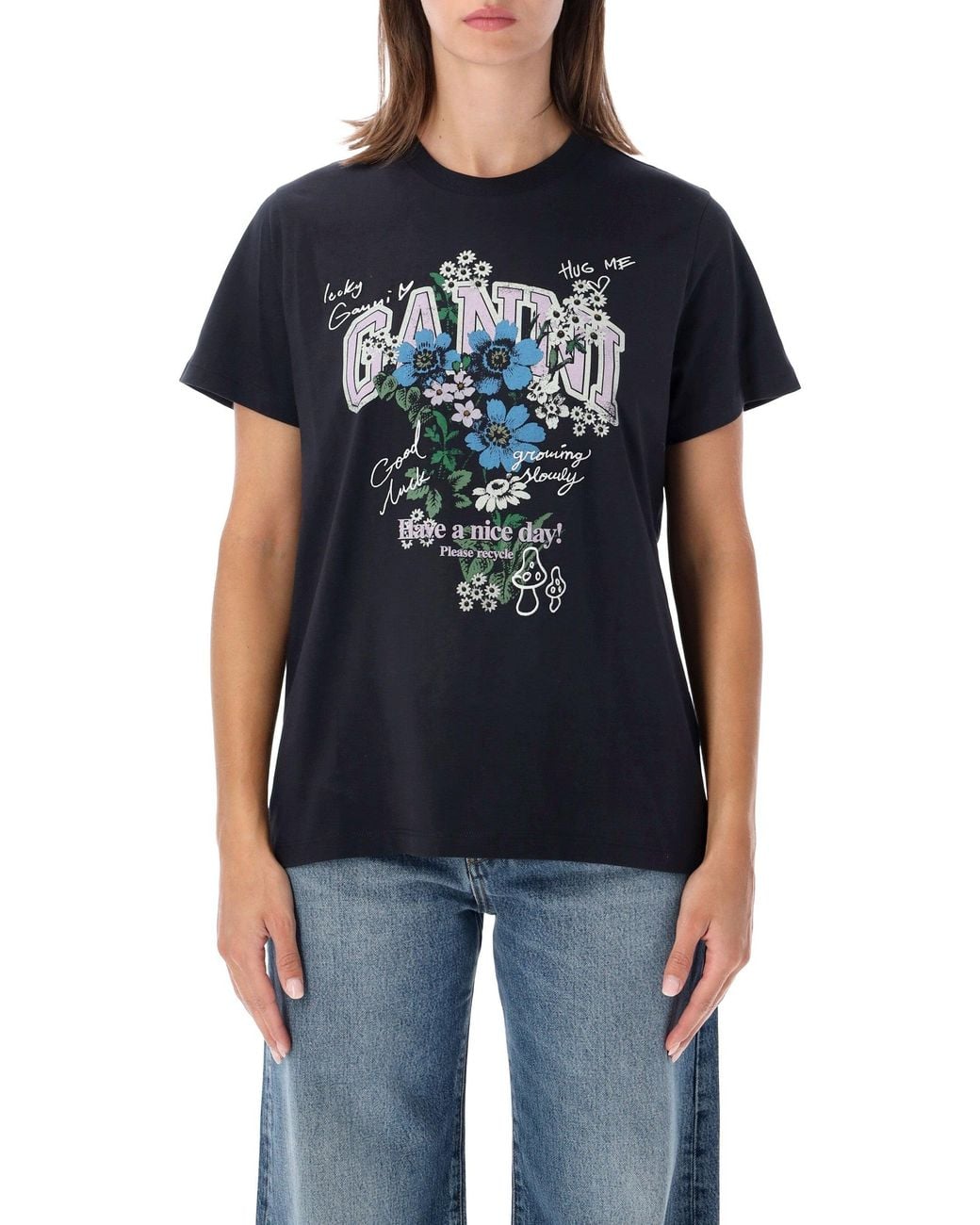 Ganni Blue Graphic Cotton T-Shirt