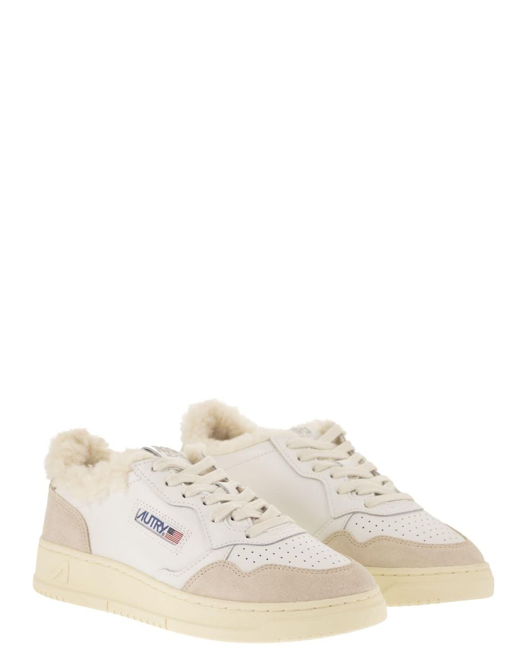 Autry White Medalist Leather Trainers With Shearling Trim