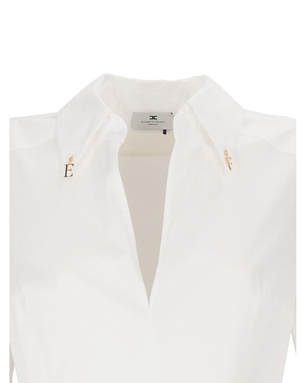 Elisabetta Franchi White Tailored Blouse With Deep V-Neckline And Metallic Accents