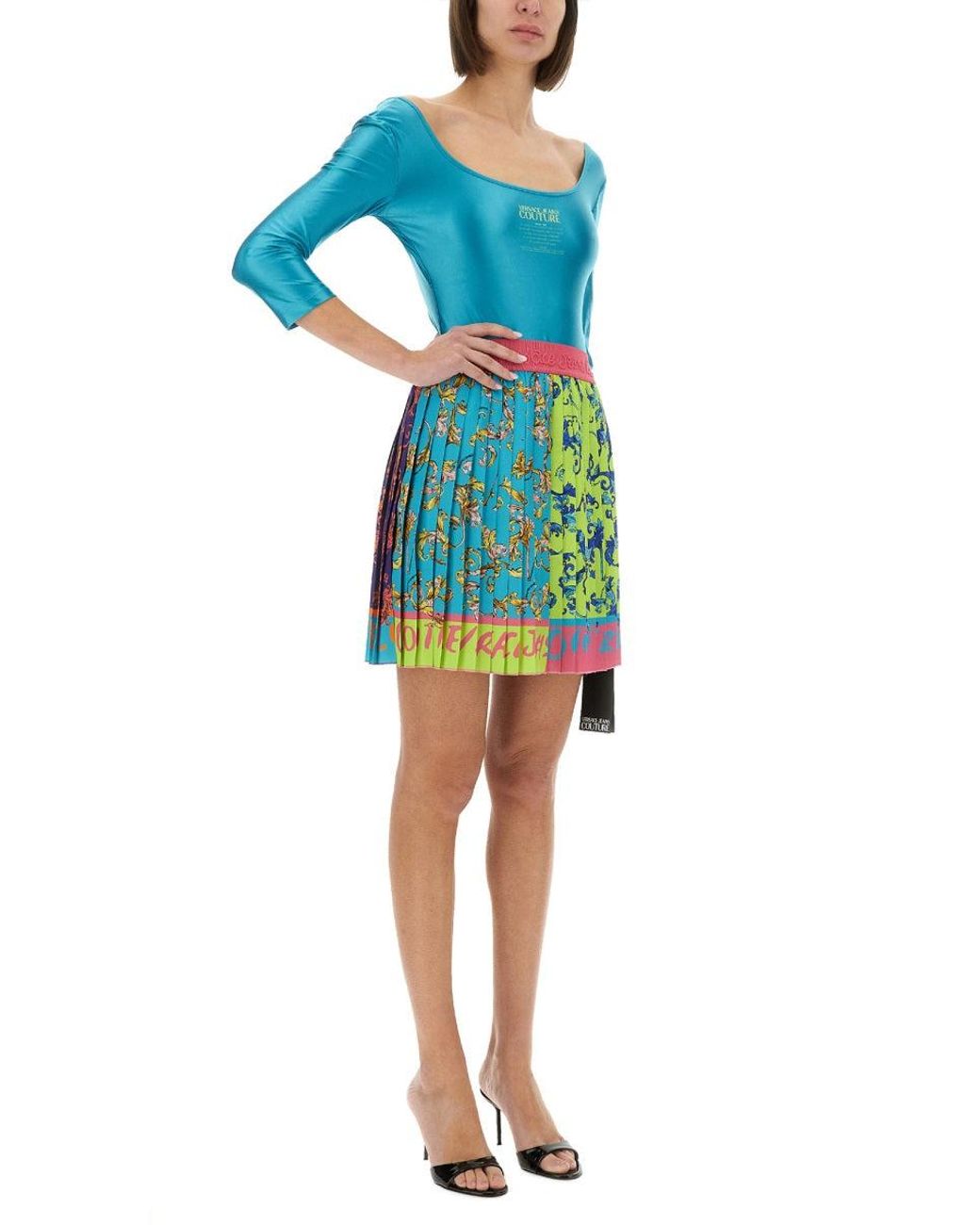 Versace Jeans Couture Green "Outline Baroque" Mini Pleated Skirt
