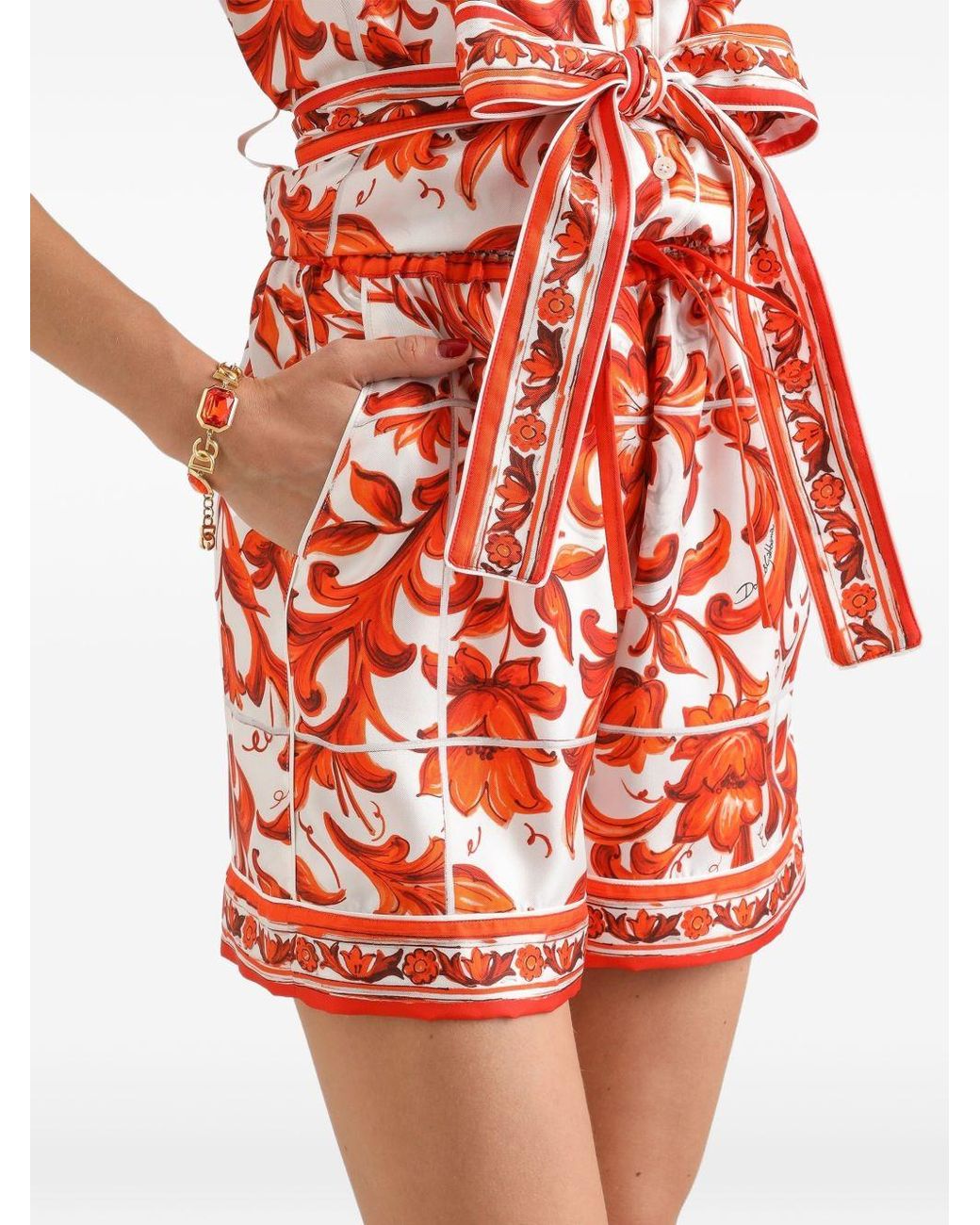 Dolce & Gabbana Red Majolica-Print Silk Bermuda