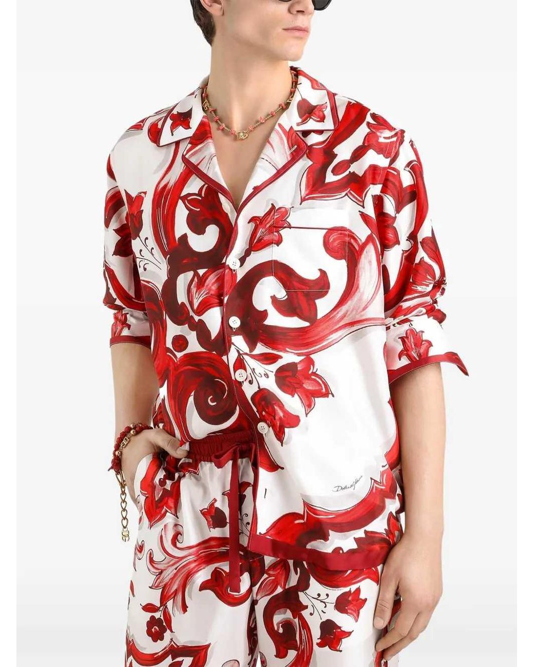 Dolce & Gabbana Red Dolce & Gabbana Vanity Twill Shirt With Majolica Print for men