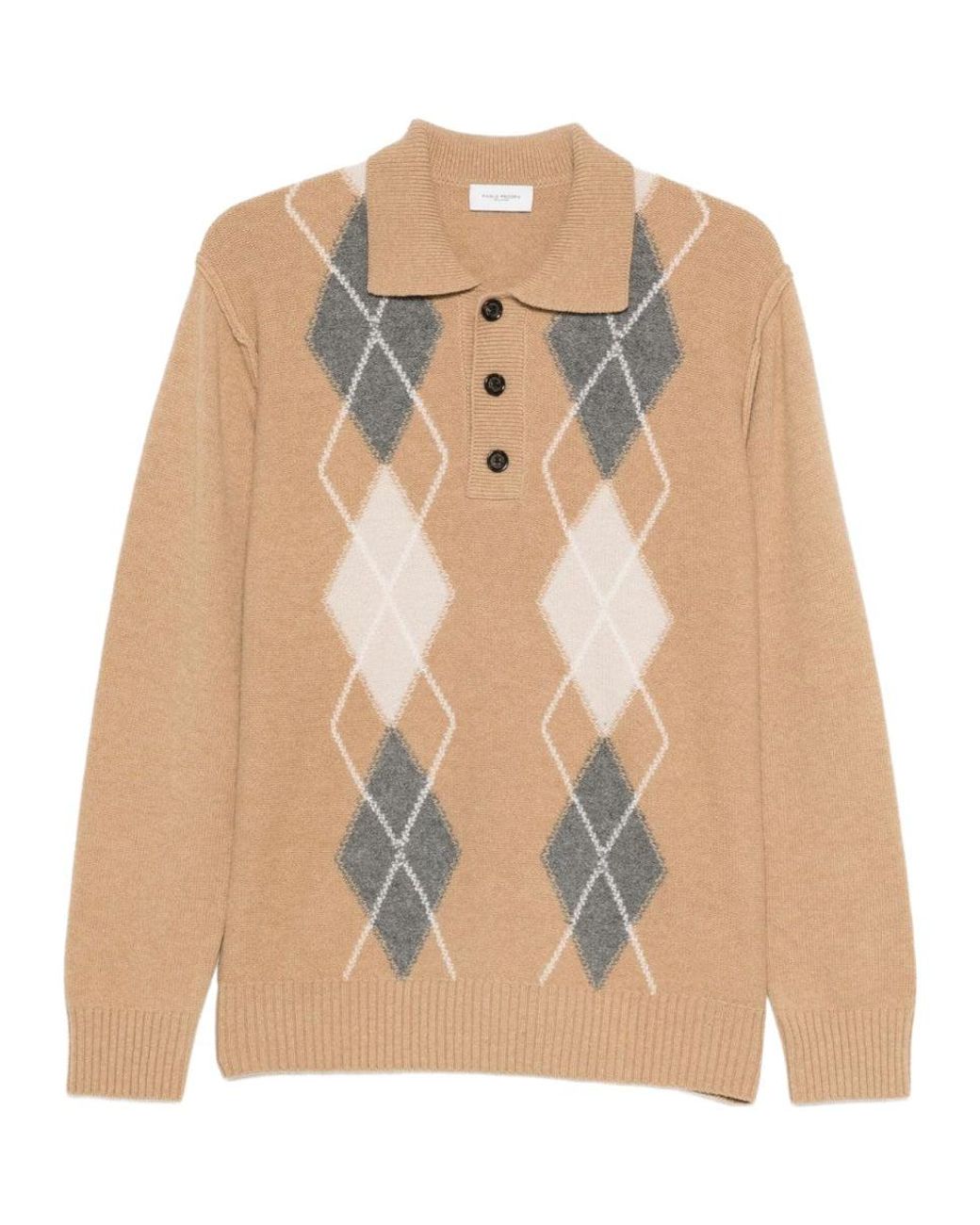 Paolo Pecora Natural Argyle Wool Knit Polo Sweater for men