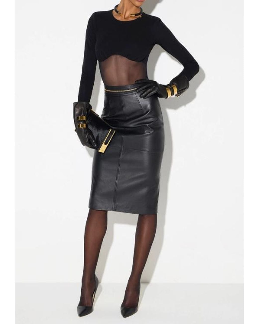 Elisabetta Franchi Black Leather Midi Skirt