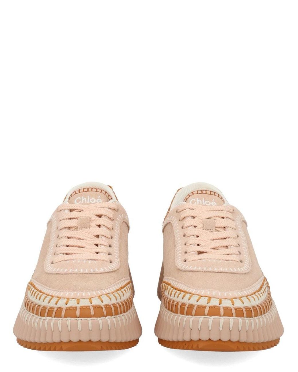 Chloé Pink Nama Embroidered Leather-Trimmed Suede Platform Sneakers
