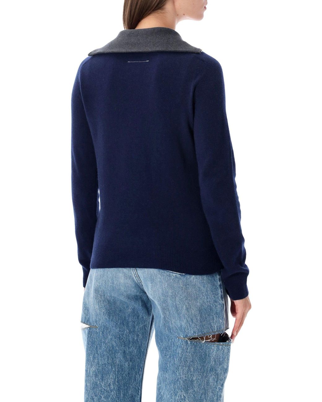 MM6 by Maison Margiela Blue Zip-Neck Wool Blend Sweater