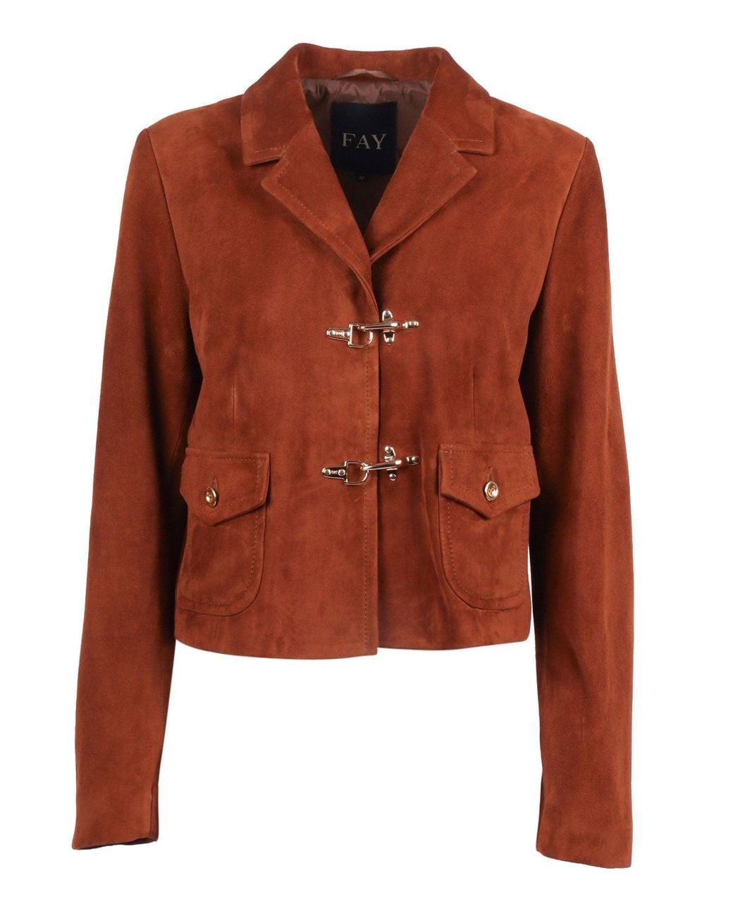 Fay Brown Cropped Suede Jacket With Tailored Collar And Unique Fastenings
