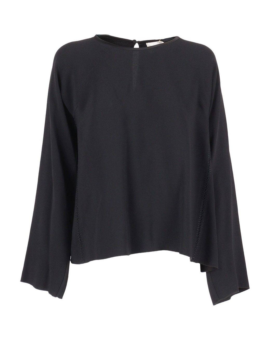 Forte_forte Black Embroidered Top Long Sleeve Turned Matte Satin