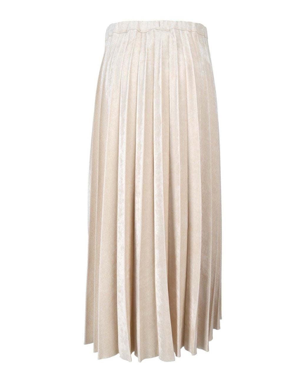 Shirtaporter White Pleated Velvet Elastic Waistband Midi Skirt