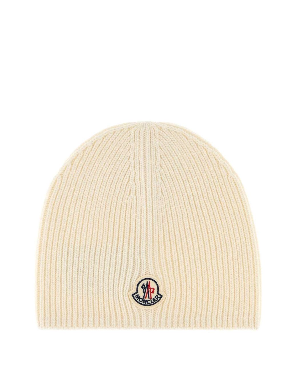 Moncler Natural Ivory Wool Beanie Hat