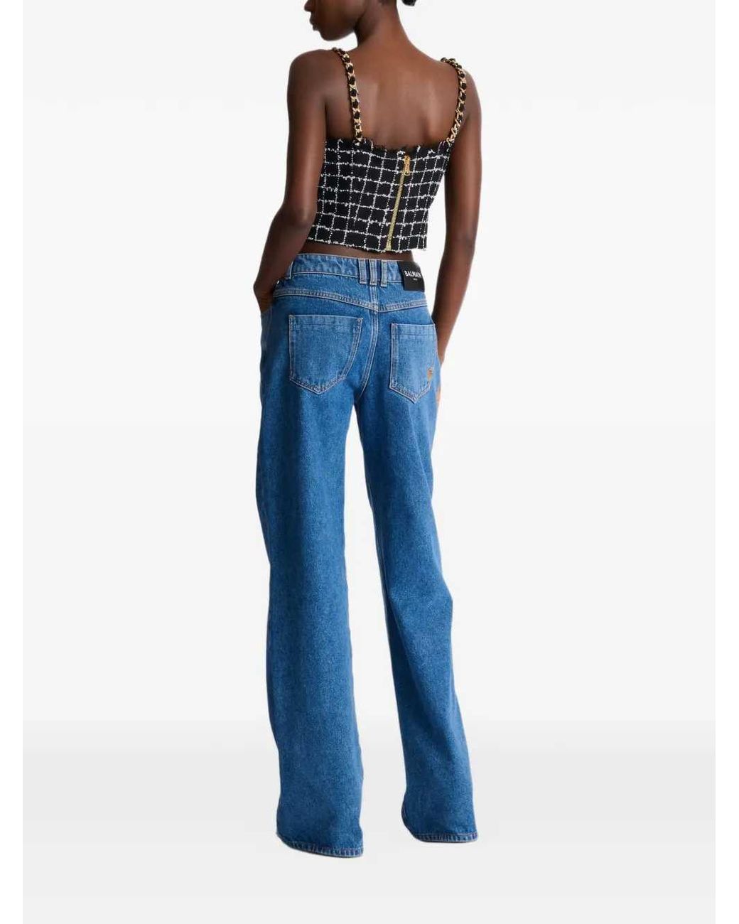 Balmain Blue Tweed Top With Shoulder Straps