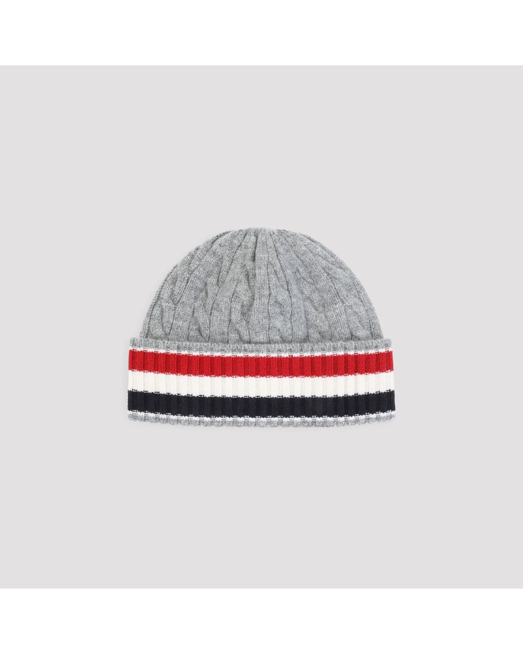 Thom Browne Gray Cable Knit Striped Wool Beanie for men