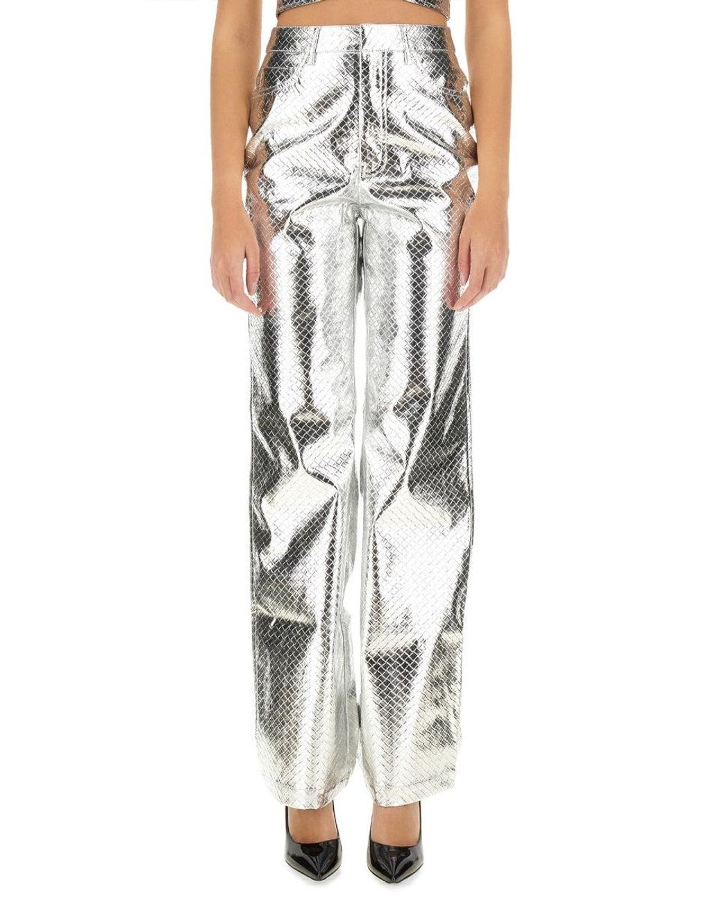 ROTATE BIRGER CHRISTENSEN High-Waisted Metallic Finish Straight Leg Pants