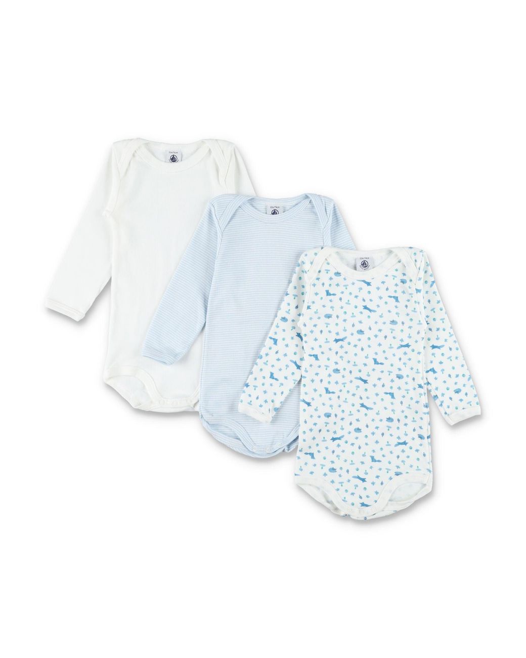 Petit Bateau Blue Boy Ribbed Cotton Long-Sleeve Bodysuit Set, Pack Of 3