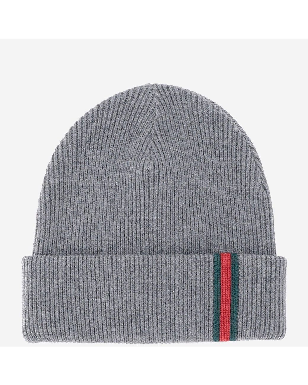Gucci Gray Wool Beanie With Webbed Ribbon