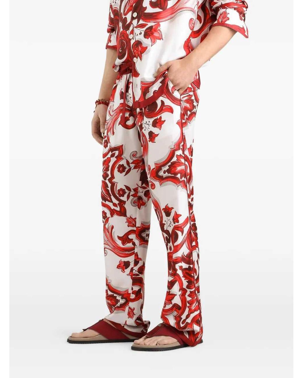 Dolce & Gabbana Red Dolce & Gabbana Twill Vanity Trousers With Majolica Print for men
