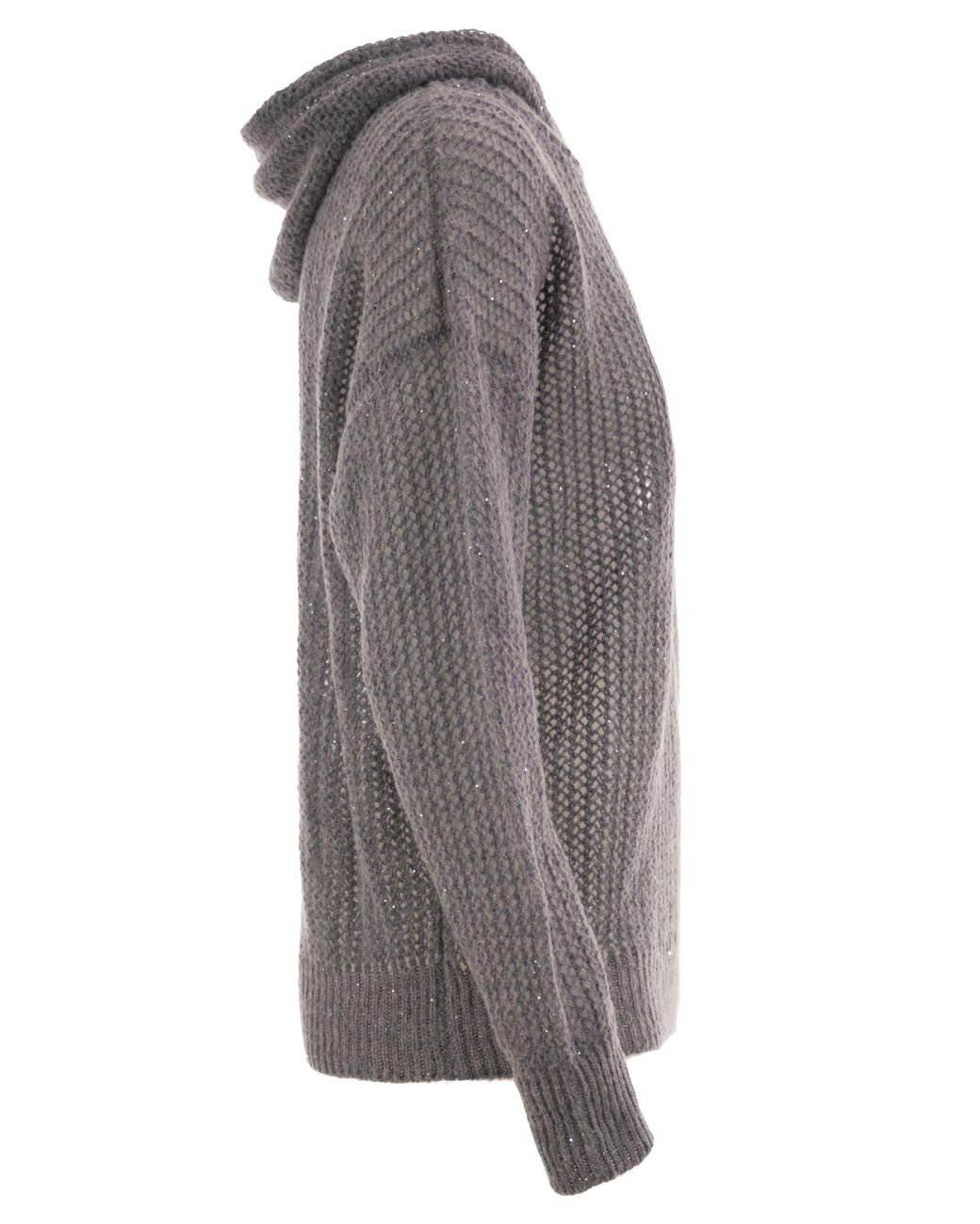 Peserico Gray Hooded Open-Knit Jumper With Sequins