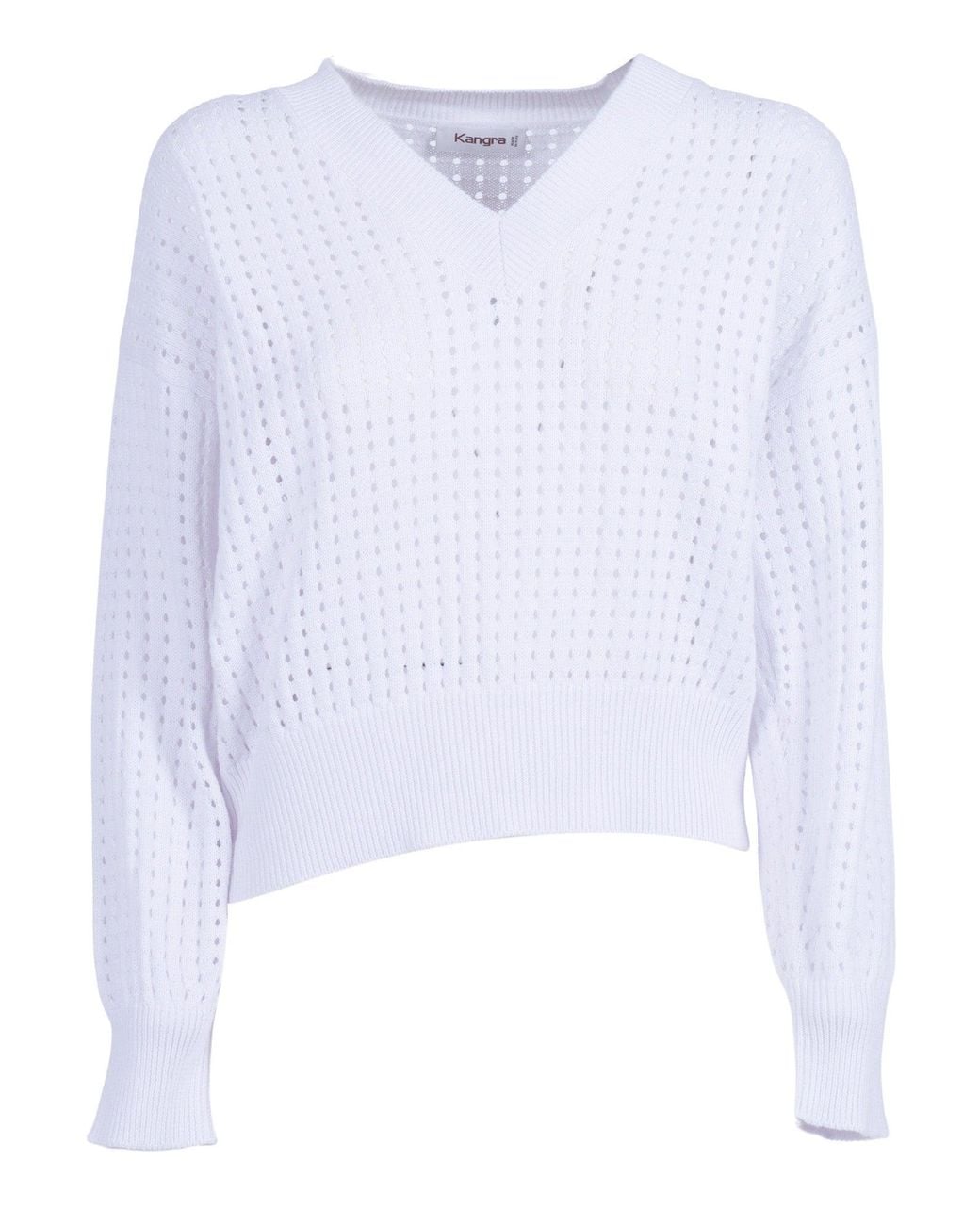 Kangra Cashmere White Pullover A Rete Manica Lunga