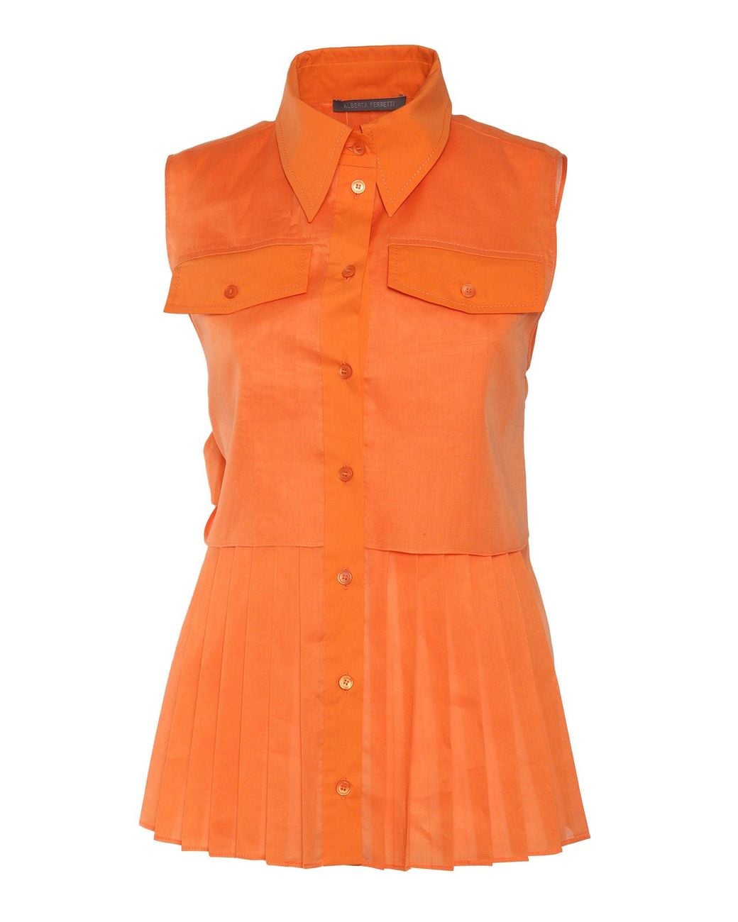 Alberta Ferretti Orange Pleated Cotton Top With Bow Detail