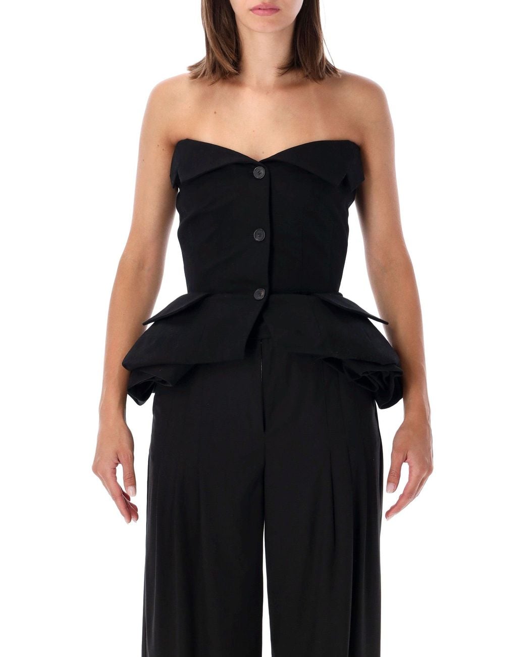 Magda Butrym Black Strapless Peplum Button-Front Top