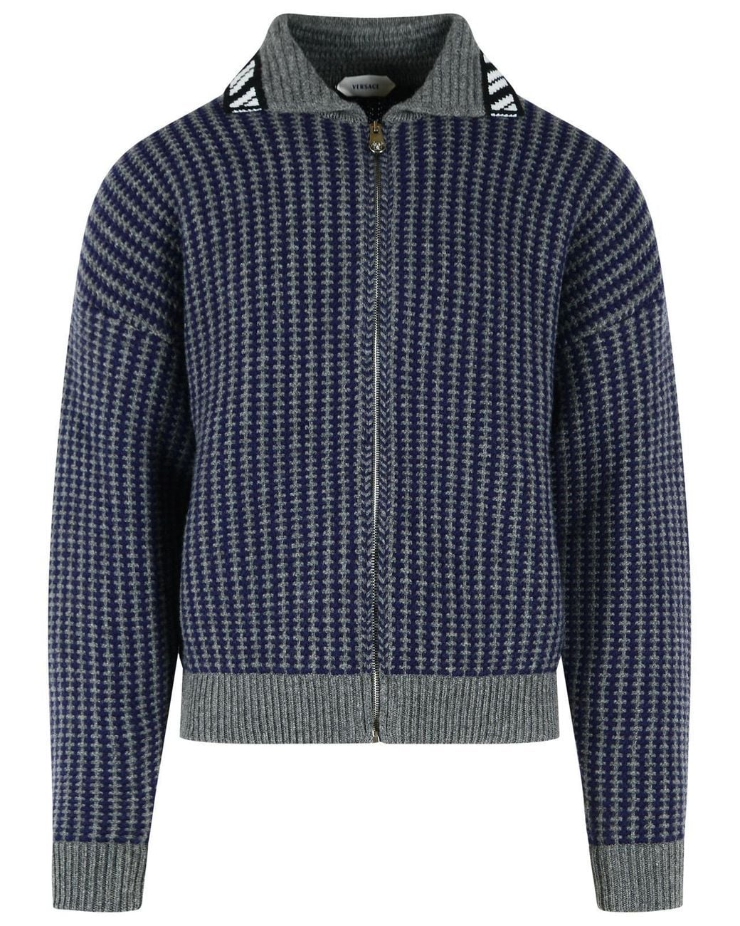 Versace Blue And Knit Zip Cardigan for men
