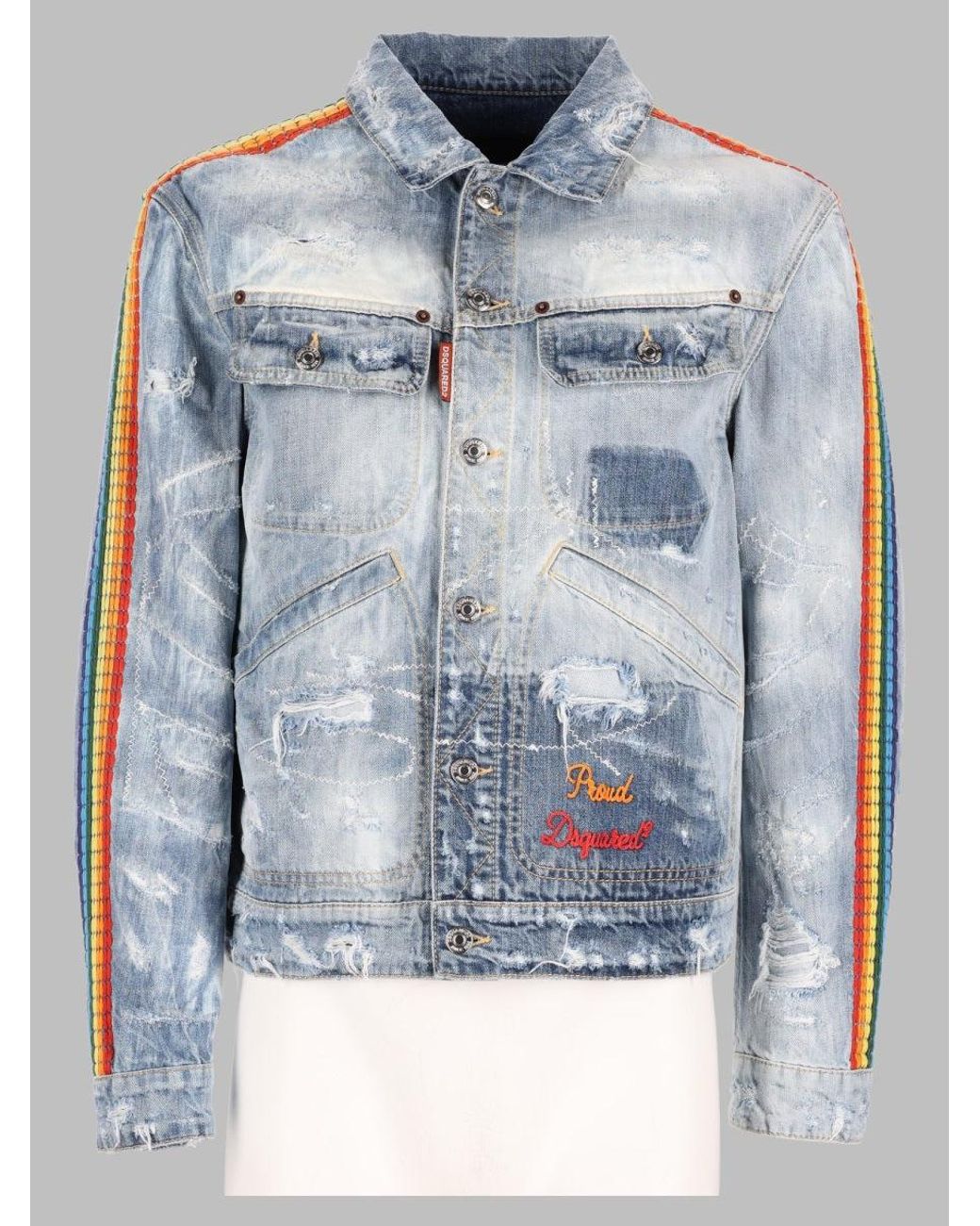 DSquared² Blue Distressed Striped Denim Jacket for men