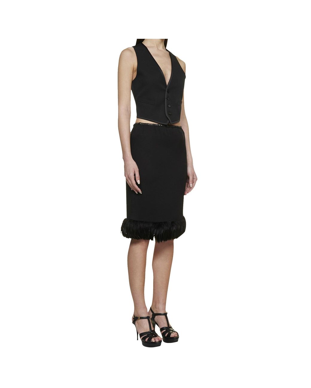 Saint Laurent Black Feathers Trim Silk Skirt