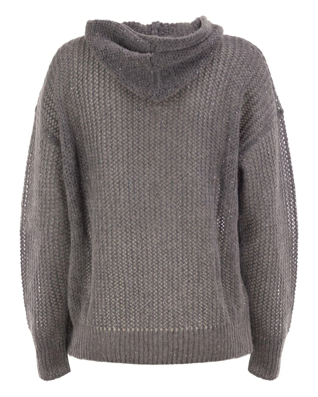 Peserico Gray Hooded Open-Knit Jumper With Sequins