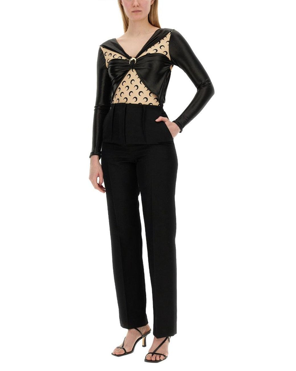 MARINE SERRE Black Draped Bodysuit With Glossy Fabric