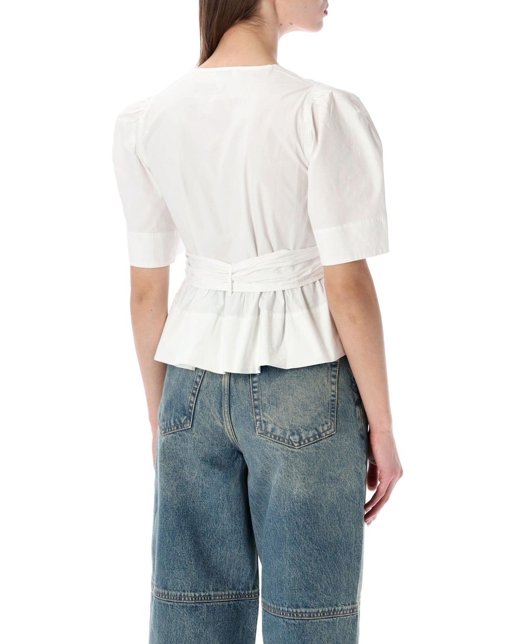 Ganni White Washed Cotton Tie-Front Blouse