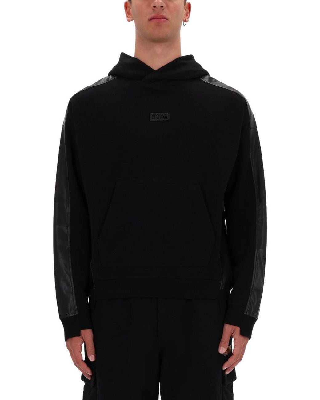 Versace Jeans Couture Black Faux Leather Hooded Sweatshirt for men