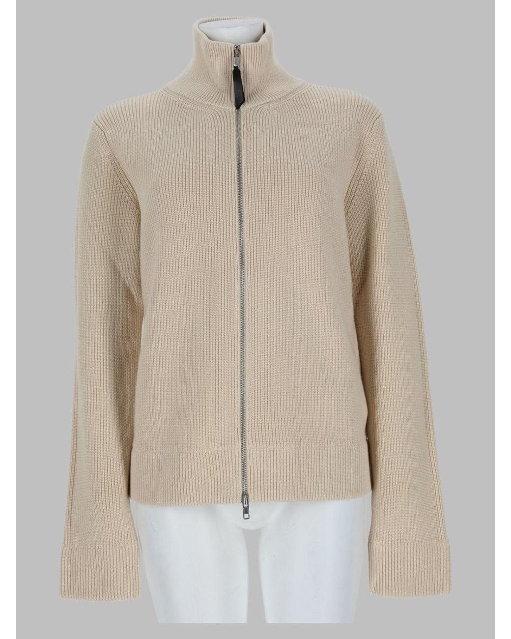 Maison Margiela Natural Zip-Front Ribbed Knit Turtleneck Sweater