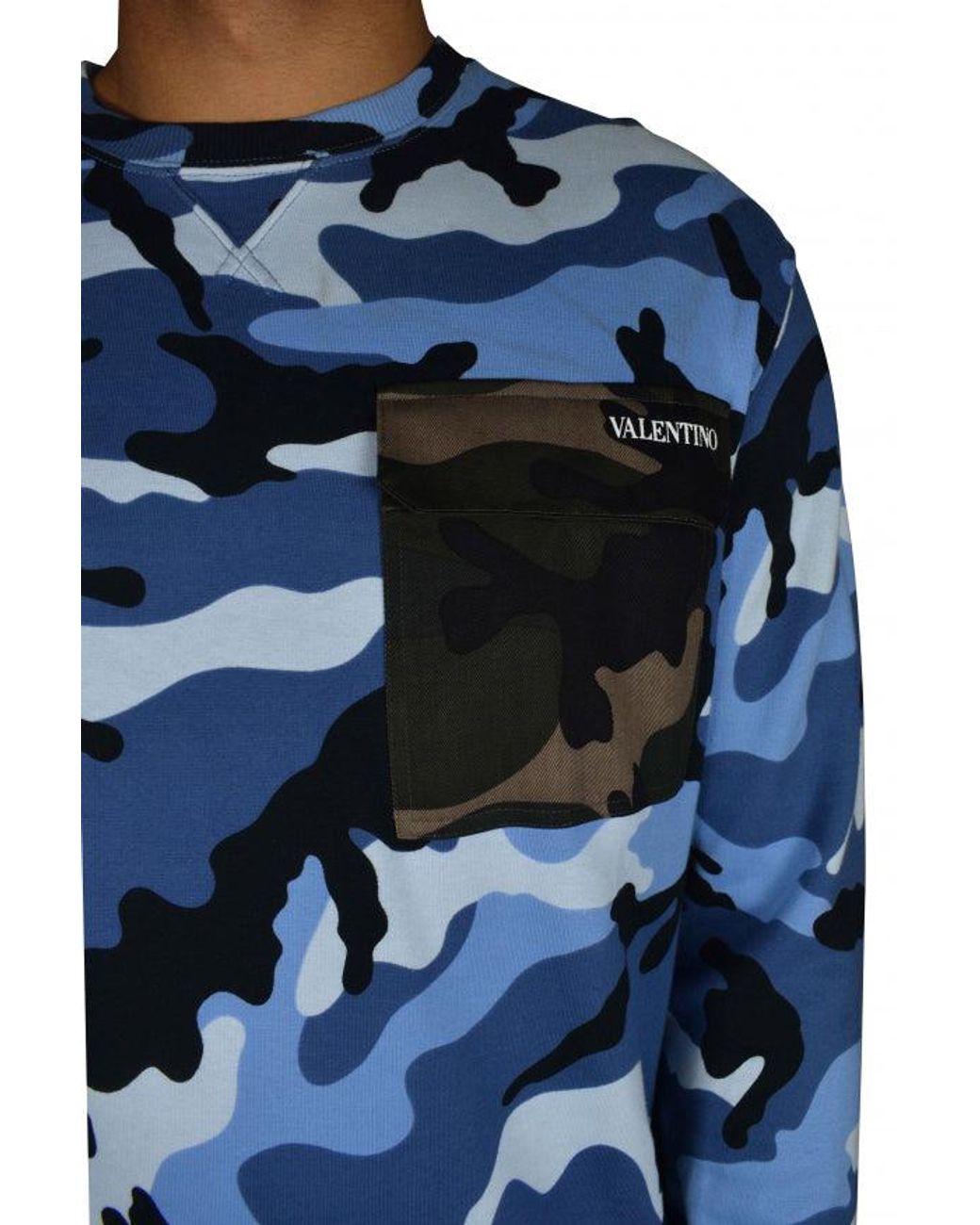 Valentino Garavani Blue Camouflage Cotton Crew Neck Sweater for men