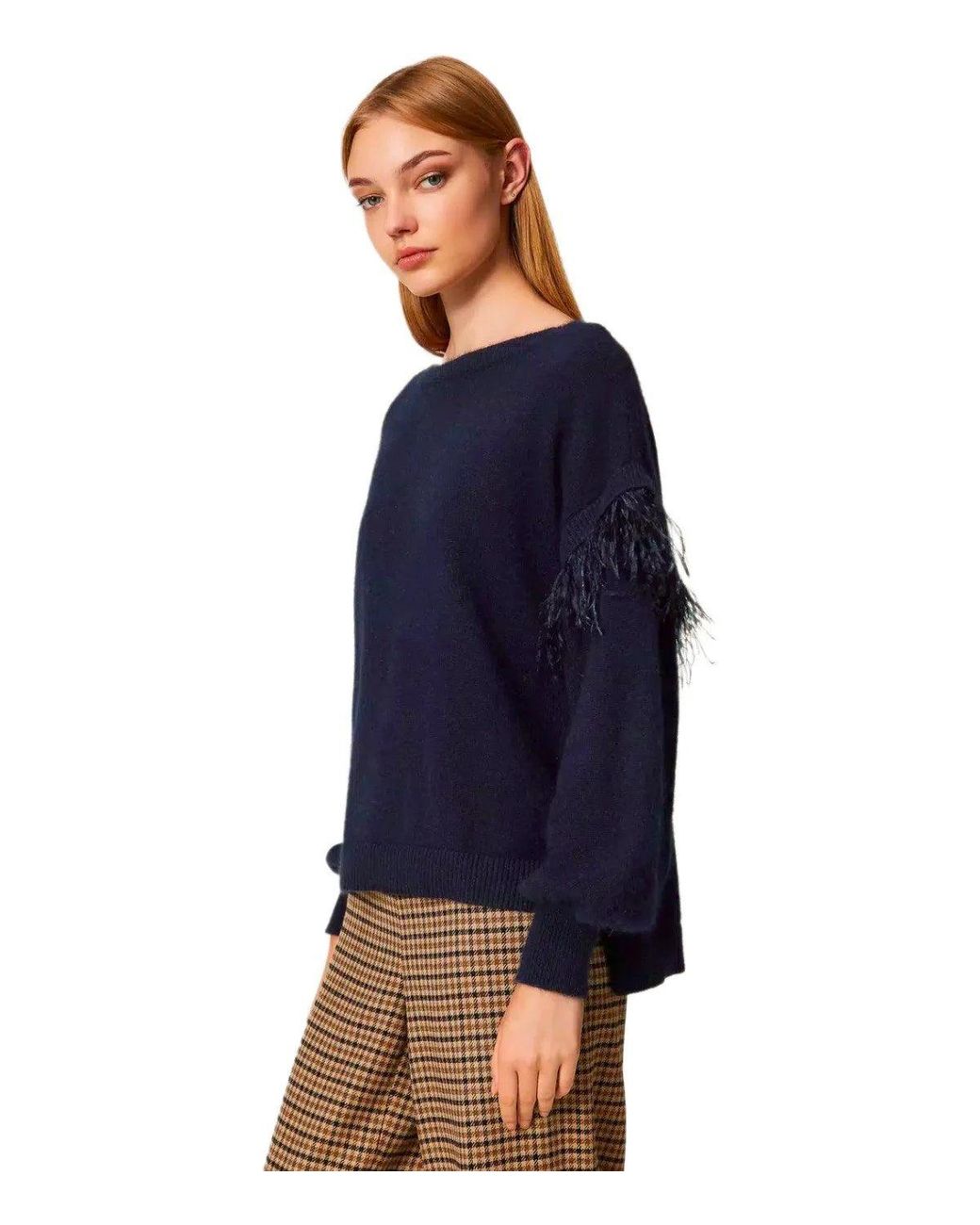 Twinset Blue Sweater With Feathers