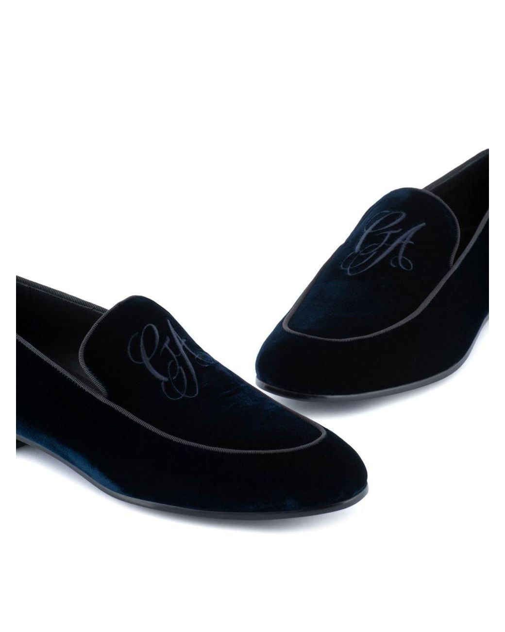 Giorgio Armani Black Embroidered Logo Velvet Loafers