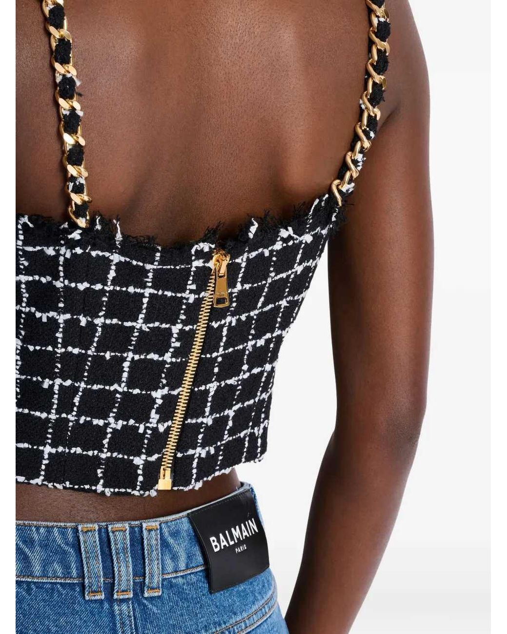 Balmain Blue Tweed Top With Shoulder Straps