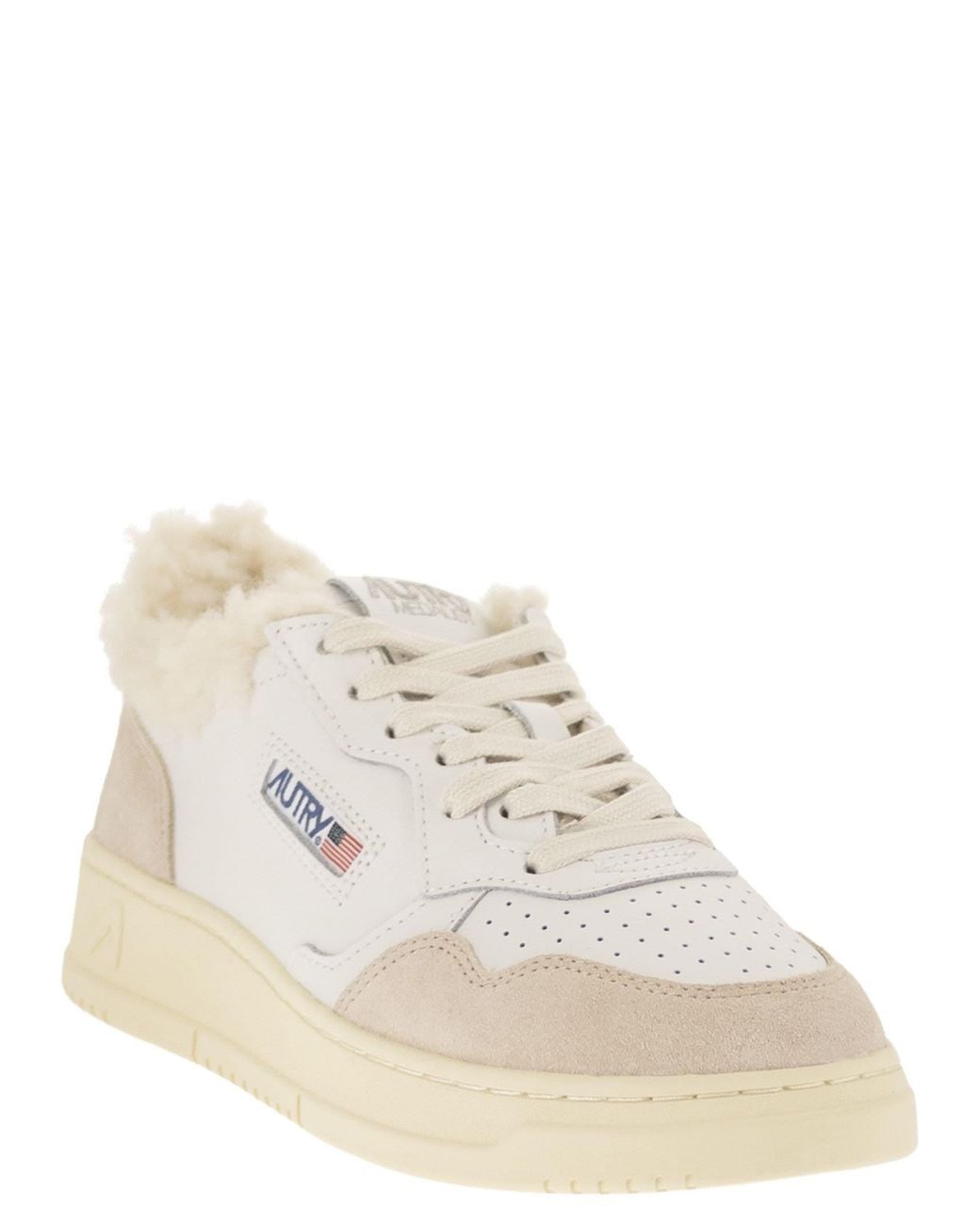 Autry White Medalist Leather Trainers With Shearling Trim