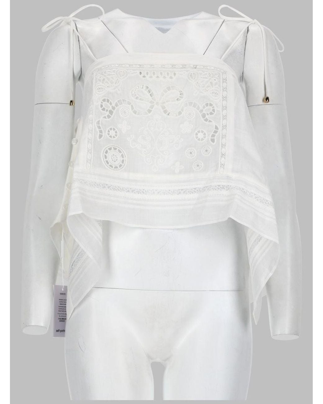 Self-Portrait White Embroidered Sheer Overlay Long Sleeve Top