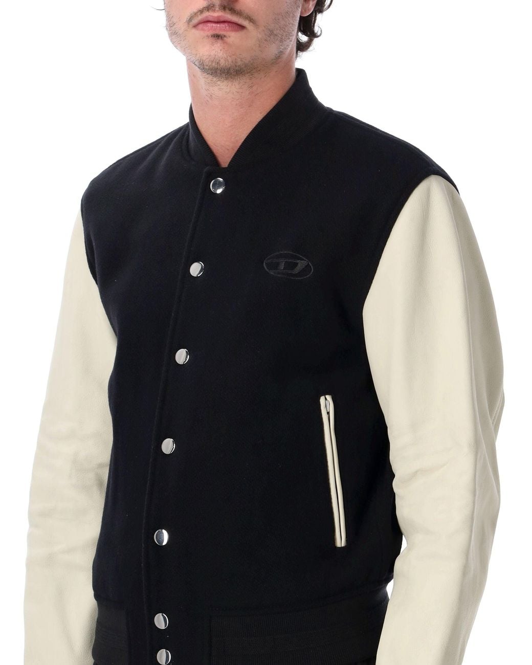 DIESEL Black Wool-Blend Bomber Jacket With Leather Sleeves for men