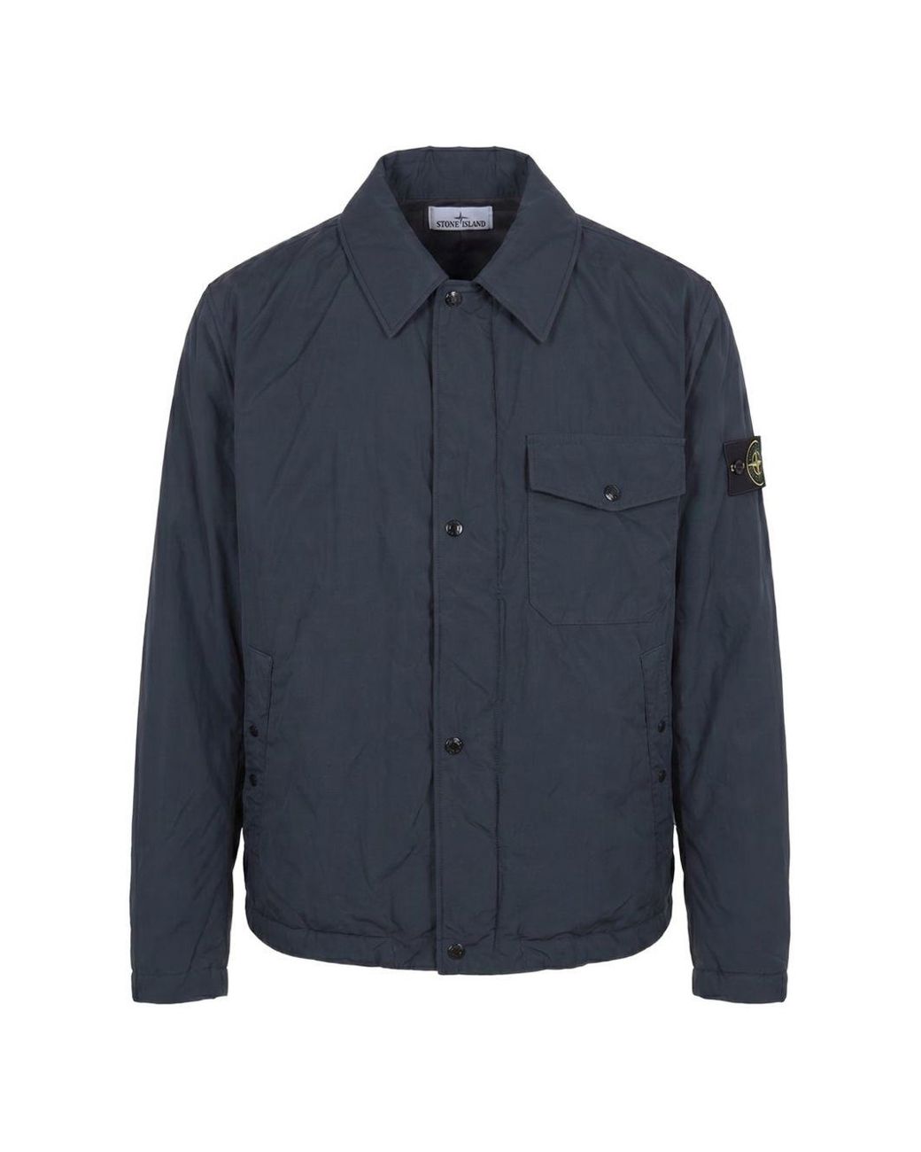 Stone Island Blue Down Jacket With Classic Collar Button & Zip Closure for men