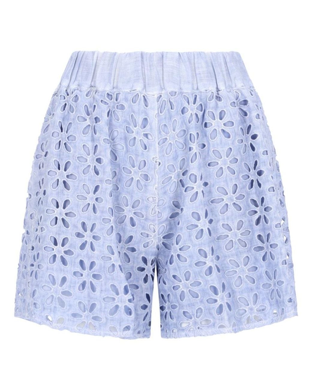 120% Lino Blue Shorts Con Motivo Traforato