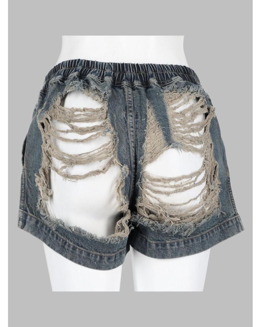 Rick Owens Black Heavily Distressed Elastic Waistband Denim Shorts