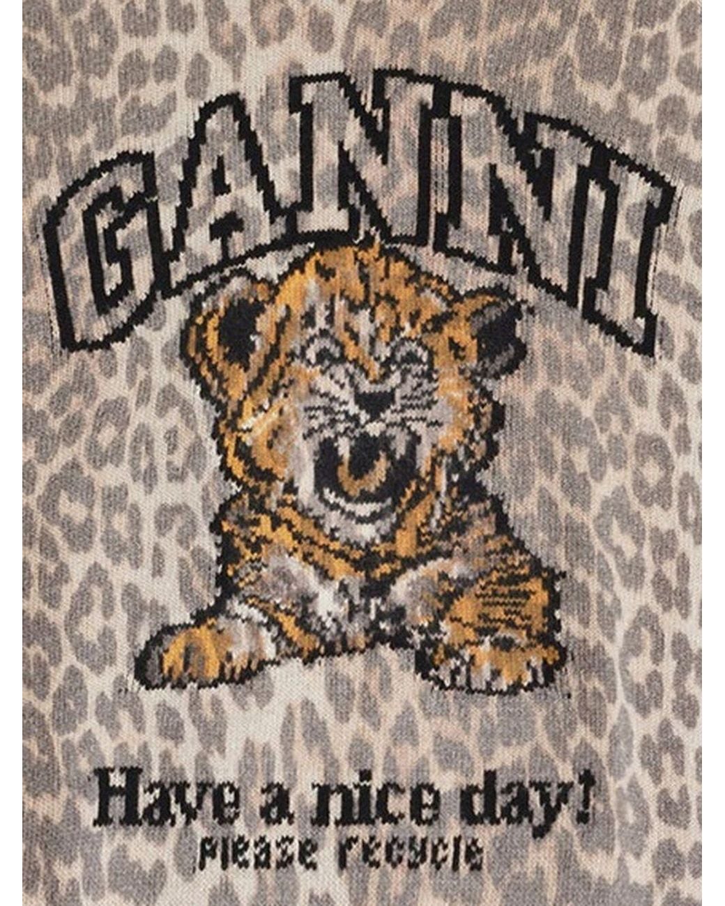 Ganni White Tiger-Print Intarsia-Knit Sweater