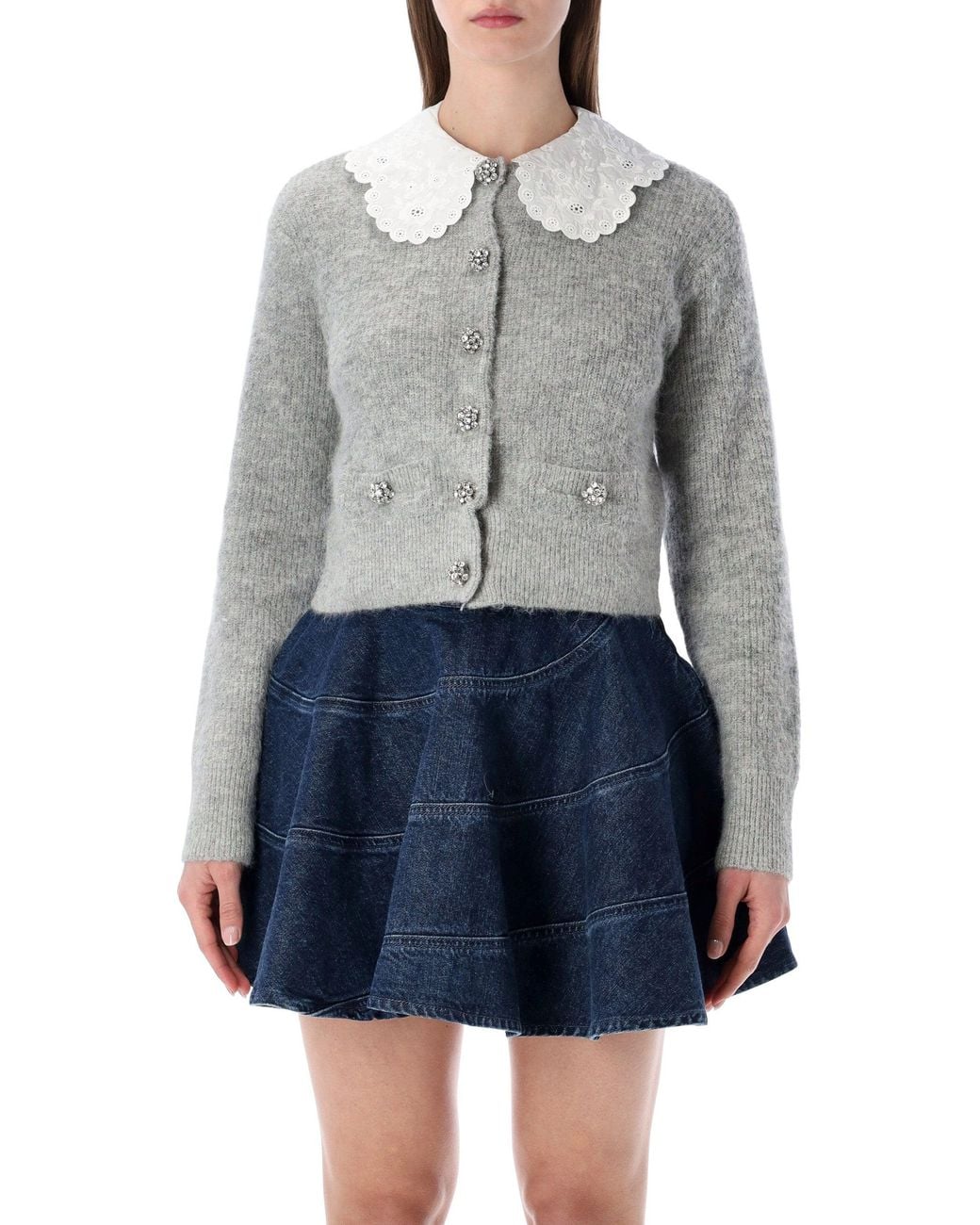 Self-Portrait Blue Fluffy Sangallo Collar Button Cardigan Sweater