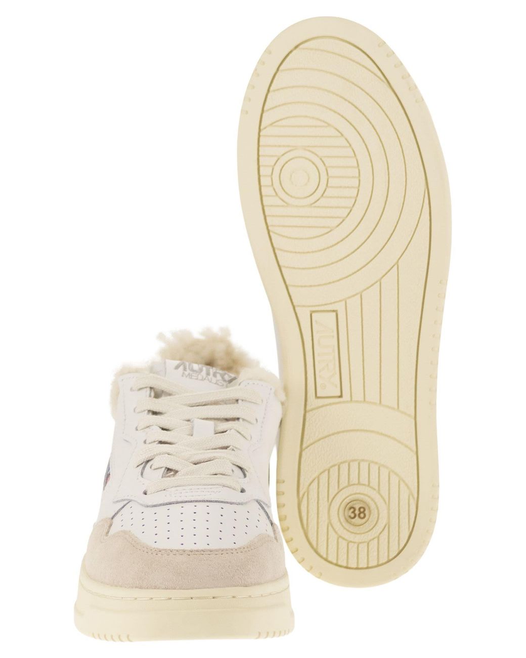 Autry White Medalist Leather Trainers With Shearling Trim