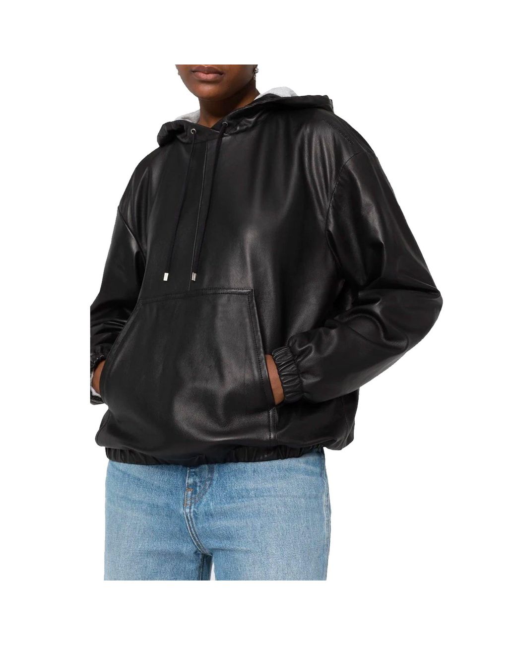 Saint Laurent Black Leather Hoodded Top