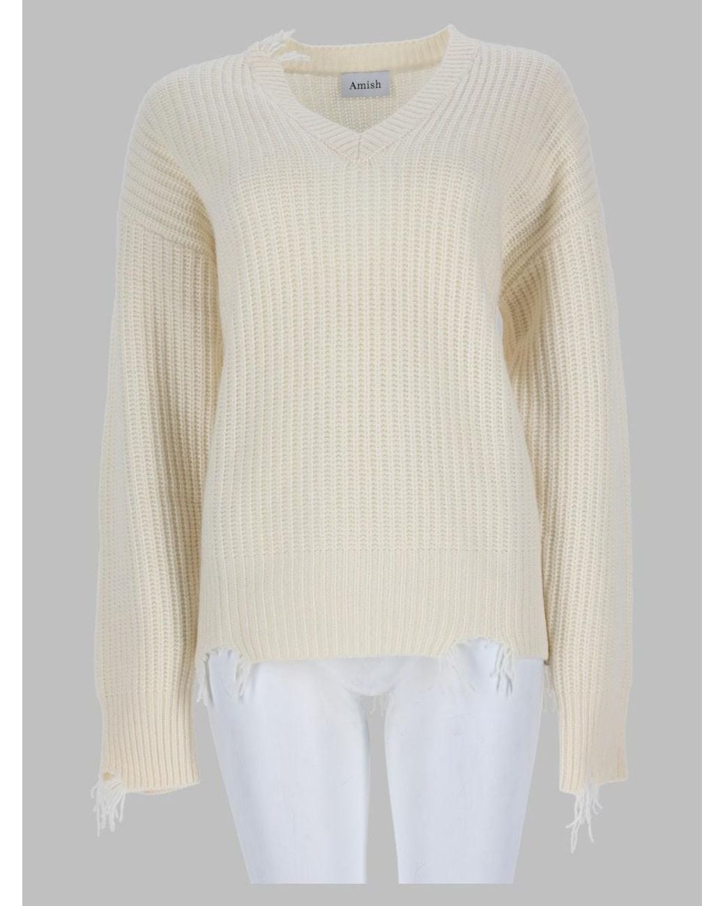 AMISH White Fringed V-Neck Ribbed Sweater