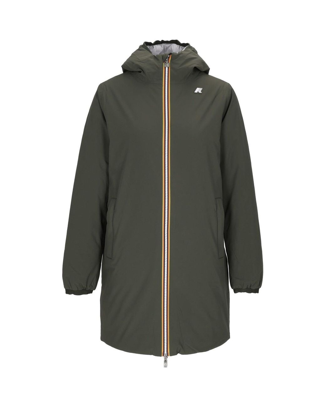 K-Way Gray 3/4 Length Padded Jacket With Hood And Stripe Detail