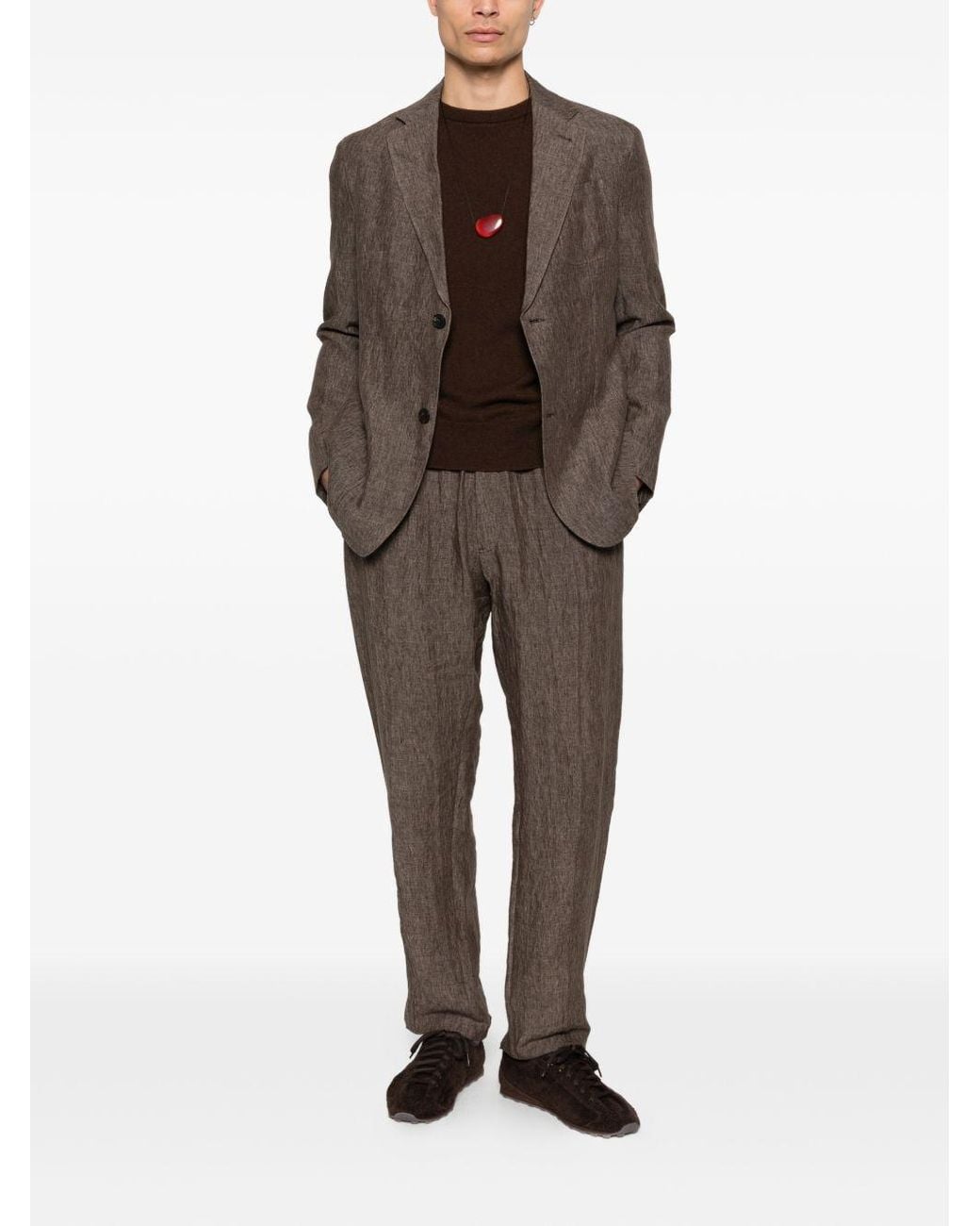 Emporio Armani Brown Linen Single-Breasted Blazer Jacket for men